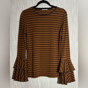 And the Why Brown and Blue Striped Ruffle Sleeve Top